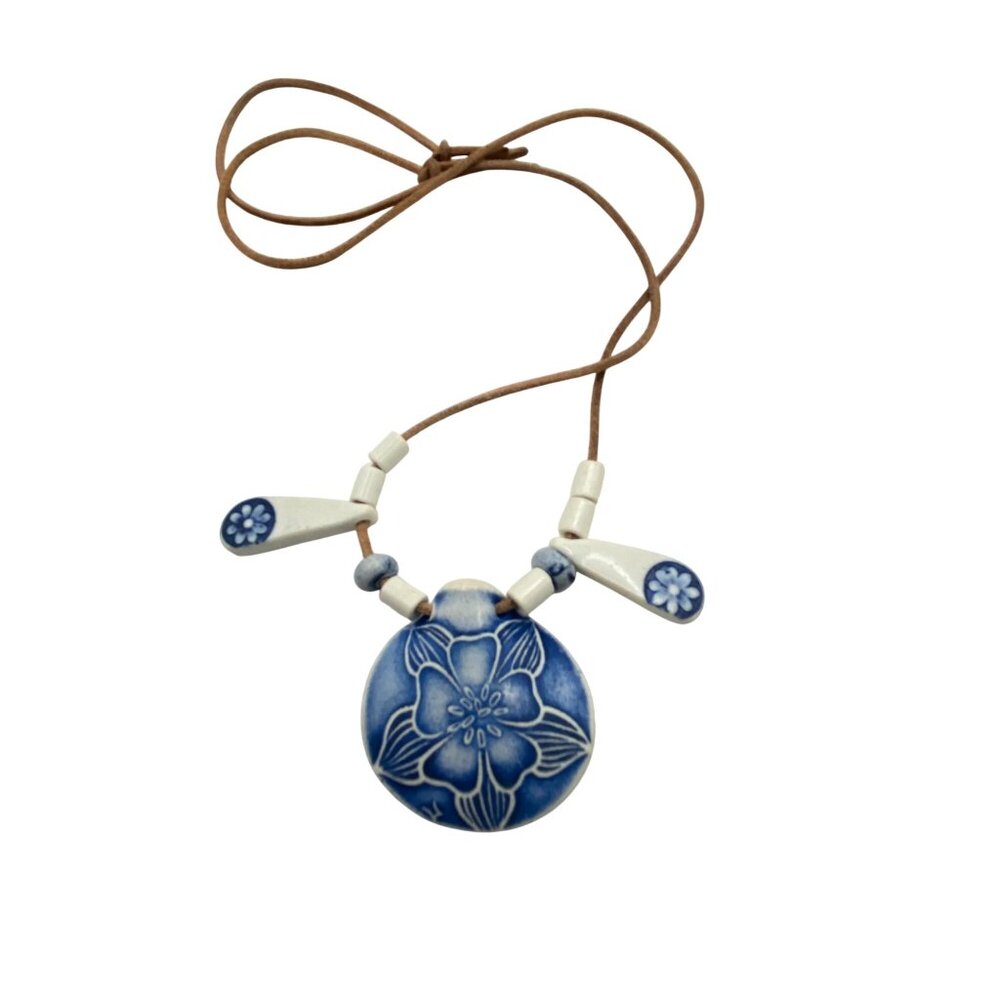 Blue White Ceramic Floral Pendant Necklace Adj Brown Suede Cord 24" Cottagecore - Picture 5 of 6
